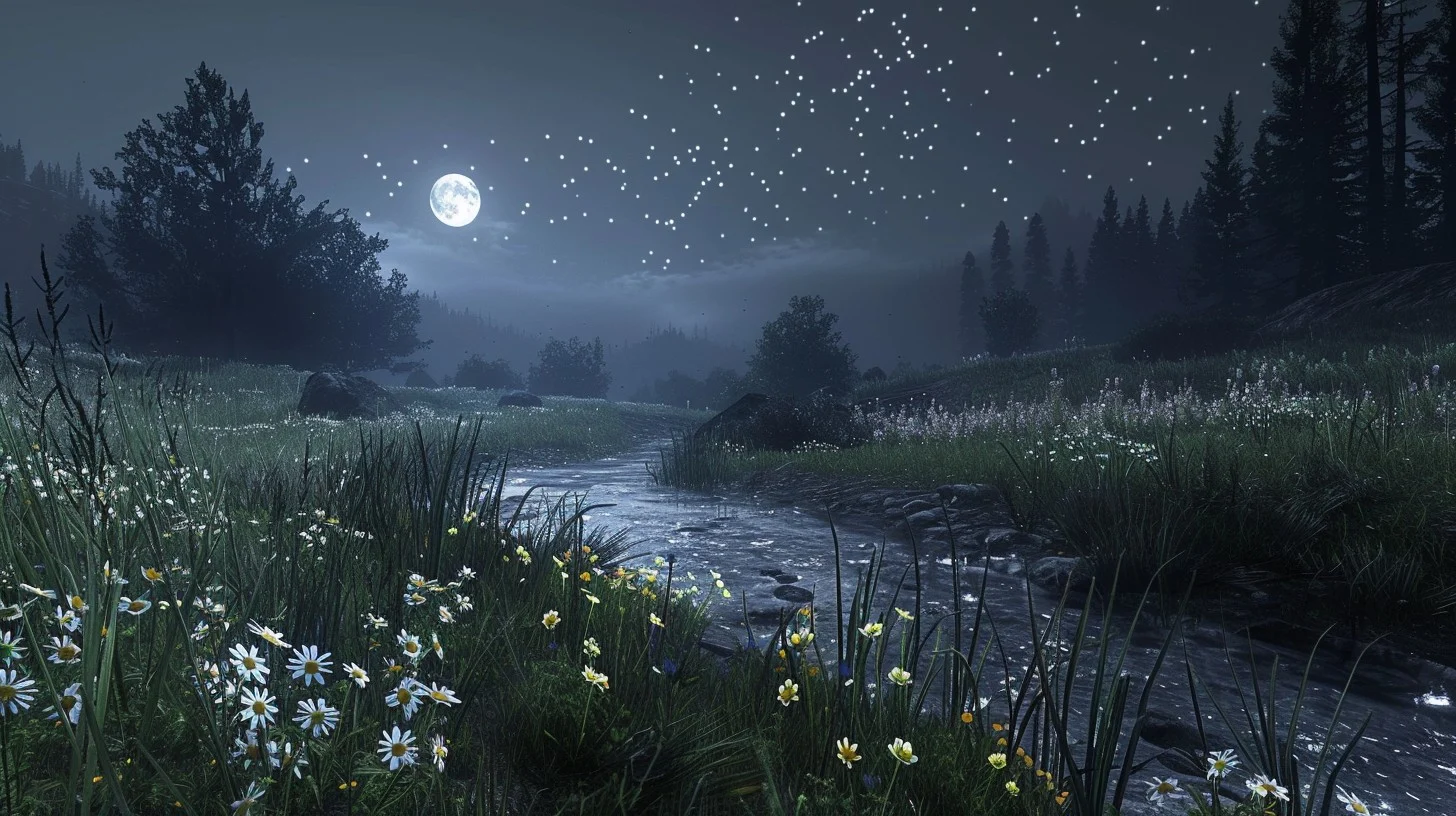 Serene night scene with moon, stars, and botanical plants representing an evening wind-down routine
